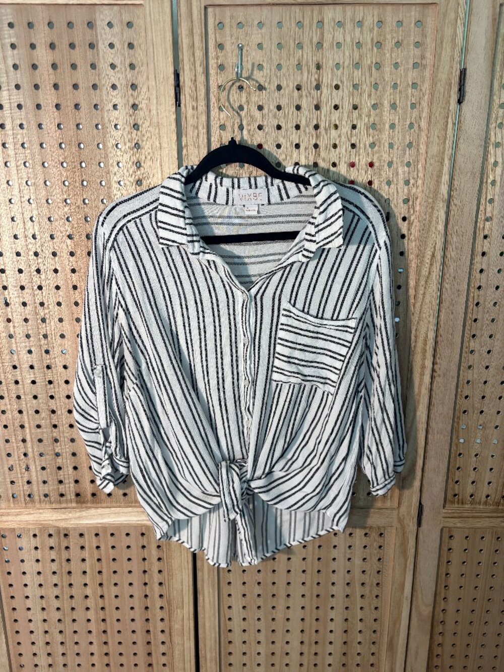 Vixbe 3/4 Sleeve Button Up Linen Striped Tie Waist Blouse